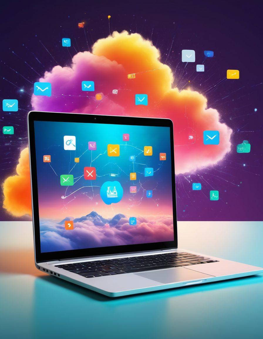 A dynamic workspace featuring a laptop with an open email application, surrounded by colorful cloud icons symbolizing communication and connectivity. Include uplifting images of diverse professionals collaborating and exchanging ideas, with rays of light suggesting optimism emanating from the Optus Cloud logo. Overlay with abstract lines representing data flow, enhancing the tech vibe. vibrant colors. super-realistic.