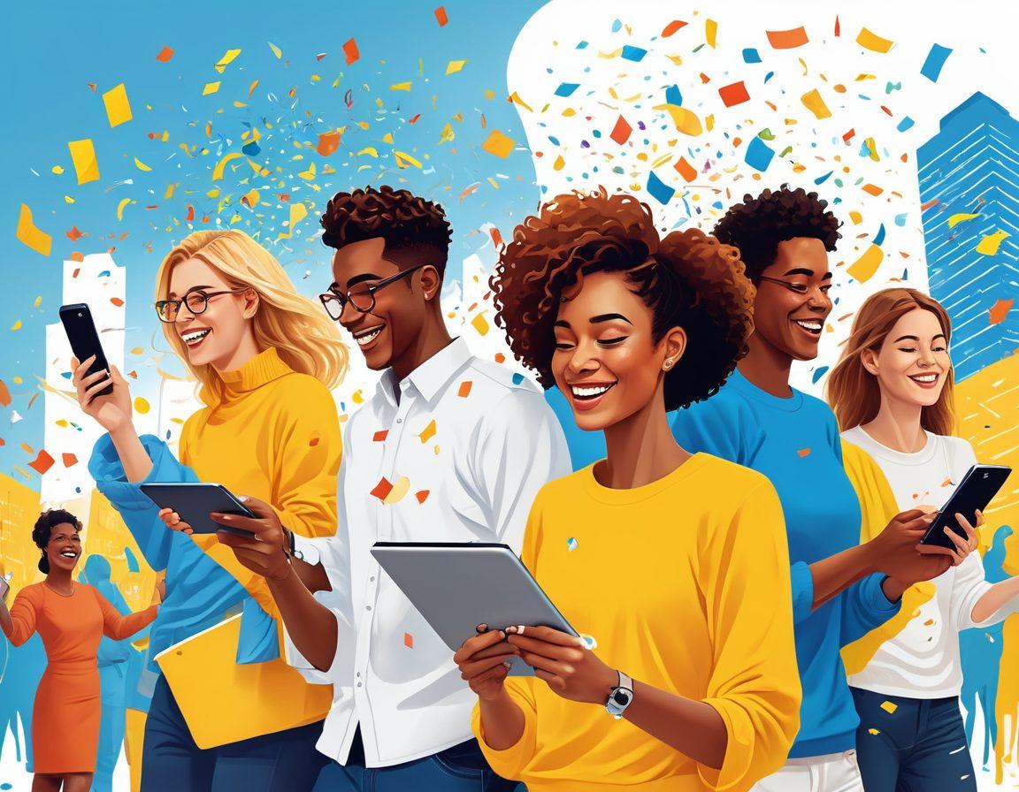 A lively and colorful scene depicting diverse people joyfully connecting through their devices, with vibrant emails floating around resembling confetti. Incorporate happy expressions and a backdrop of urban landscapes and digital elements symbolizing connectivity. Bright blues and yellows dominate the palette to evoke a cheerful atmosphere. vector art. vibrant colors. white background.