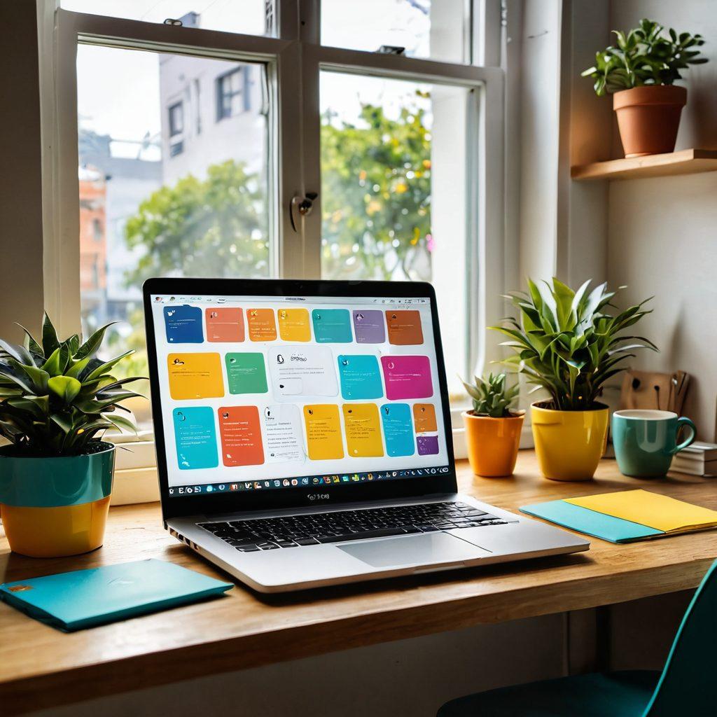 A vibrant and inviting workspace featuring a laptop with the Optus webmail interface open, radiating joy with colorful email notifications popping up. Surround the laptop with cheerful elements like coffee cups, potted plants, and sunshine streaming through a window to evoke a sense of positivity and productivity. Incorporate playful email icons floating around in a dynamic fashion. super-realistic. vibrant colors. cozy atmosphere.